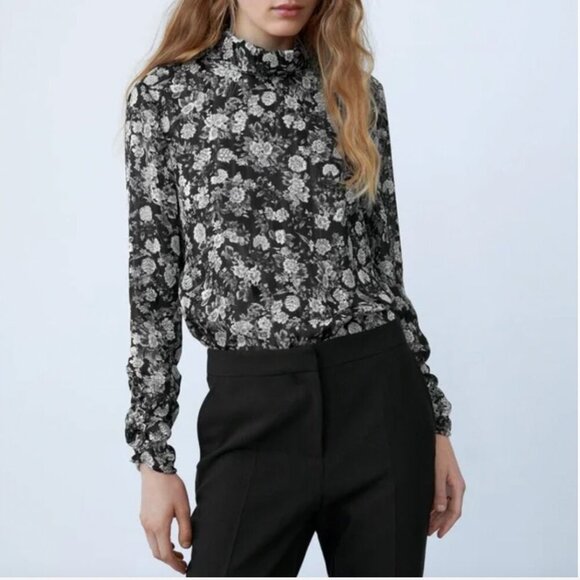 Zara Tops - Zara Black White Floral Chiffon Long Sleeve Blouse Size XS